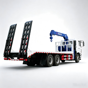 Camión con Grúa Montada, Vehículo de Transporte de Cama Baja, Grúa Hidráulica de Pluma Recta, Camión de Cama Plana Equipado con Rampas de Acceso Traseras - Product Image 1