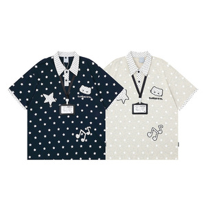 Polo Oversize 100% Cotone con Stampa Stelle e Pois, Manica Corta, Effetto Stratificato, Unisex, Top Estivo per Coppie - Product Image 3