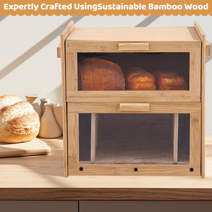 Caja de pan de bambú de 2 capas personalizada, grande, rectangular, para encimera de cocina, contenedor de almacenamiento con asa, cortador de pan flexible para alimentos - Product Image 5