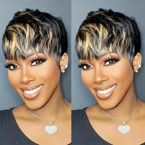 Short <strong>Pixie</strong> Cut Human <strong>Hair</strong> Wig for <strong>Black</strong> Women <strong>Black</strong> and Blonde Color Layered Short <strong>Haircut</strong> Wig Glueless Wig with Bangs - Product Image 1