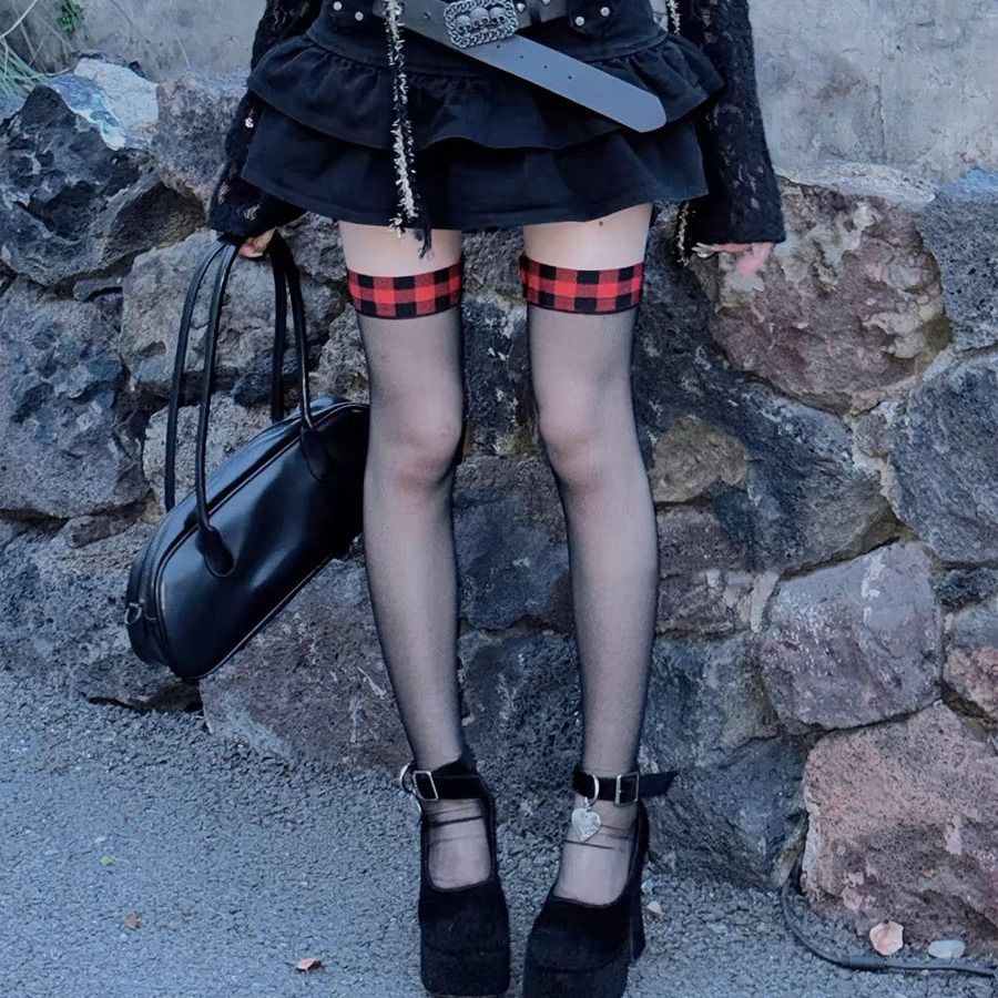 Matte black stockings with black and red trim