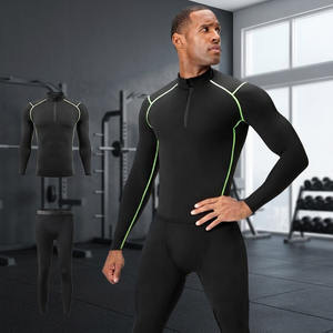 Ensemble de sous-vêtements de compression noirs pour hommes, manches longues, col montant, évacuation de l'humidité, respirant, séchage rapide, vêtements de sport ajustés - Product Image 3