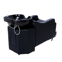 Fauteuil de lavage moderne noir avec bac en céramique, dossier inclinable, repose-pieds amovible – Station de lavage de cheveux pour salon de coiffure et barbier