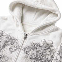 Sweat à capuche zippé coupe ample avec motif graphique gothique vintage sur la poitrine et les manches, veste streetwear pour un style décontracté