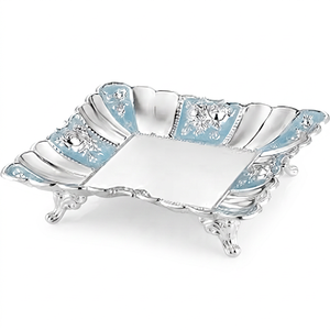 Elegant Polished Metal <b>Serving</b> <b>Tray</b> With Floral Pattern Blue Accents Residential Use - Product Image 1