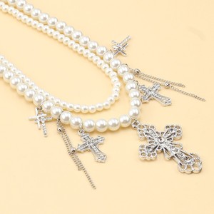 Double Layered Faux Pearl <b>Cross</b> Necklace With Tassel Pendant White K Fashionable Clavicle <b>Chain</b> For Women - Product Image 4