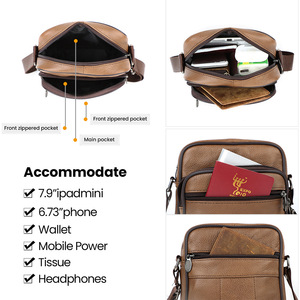 Sac bandoulière en cuir véritable pour homme, taille mini, décontracté, pour tous les jours, couleur unie avec poche - Product Image 3