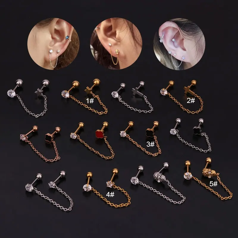 Stainless Steel Zirconia Ear Stud Simple Integrated Chain Double Ear Hole Earrings Fashion Women Body Piercing Earring Jewelry