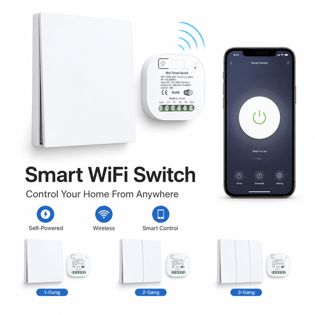 Intellect Self-Powered Durable Waterproof Double Pol Wireless Wall Switch Panel PC & ABS Material 100m Range IP44 Luxury