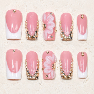 TSZS 10 <span class=keywords><strong>Uñas</strong></span> Postizas Francesas Blancas Hechas a Mano de Alta Calidad, <span class=keywords><strong>Uñas</strong></span> Artificiales Largas y Cuadradas con <span class=keywords><strong>Flores</strong></span> de Diamantes de Imitación <span class=keywords><strong>en</strong></span> 3D - Product Image 5