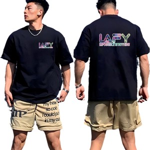 T-shirt da uomo in puro cotone a maniche corte, pesante 230g, traspirante, anti-umidità, stile Hong Kong, collo ampio, logo personalizzabile - Product Image 5
