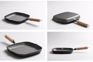 Factory Wholesale Household Kitchen Square Mini Cast Iron Non-stick BBQ Griddle - Wood Handle Frying <strong>Pan</strong> - Product Image 3