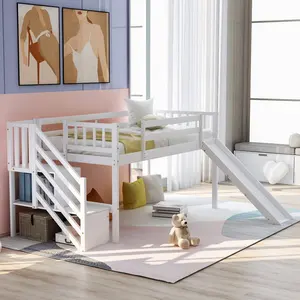 Cama de tamaño doble para niños, cama baja para Loft, juego con tobogán y escalera, moderna
