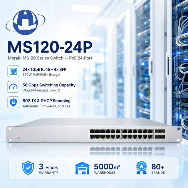 Meraki MS120-24P 24 Port Gigabit PoE+ 370W L2 Cloud Managed Switch 4x SFP 56Gbps 1U Rack Switch Poe 24 Ports Lan Switch