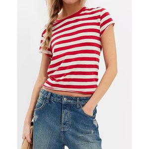 FOXA Striped Women's Crop <b>Top</b> Short Sleeve Crewneck Summer T-Shirt Cotton Jersey Streetwear <b>Y2K</b> Style - Product Image 5