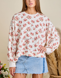 Sweat-shirt pour femme en gros, pull à col rond, imprimé floral vintage, avec insert en dentelle, manches bouffantes - Product Image 6