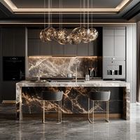 Armoire de cuisine intelligente de luxe CBMmart, finition bois massif, îlot incurvé, armoire ouverte, plan de travail en quartz