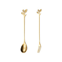 Nouvelles cuillères à mélanger en acier inoxydable, forme de feuille, dorées et argentées, cuillère à café, couverts, cuillère à dessert à long manche, fourchette