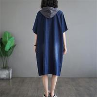 Été Loose Casual Patchwork Poches Drawstring Hooded Dresses Half Short Sleeve Midi Women's Cargo Clothing Dress Cotton Denim