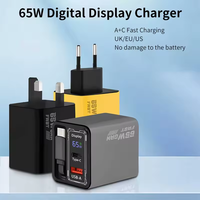 Chargeur GaN 65W avec câble rétractable intégré, affichage numérique, ports USB Type C, chargeur pour iPhone et tablette
