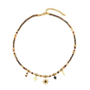 שרשרת תליון עבודת יד עם חרוזים בסגנון ג'וג'ו בוהו, אבן טבעית עין הנמר, תליוני שמש וכוכב, שכבות מתכווננות, תכשיטים לנשים, סיטונאי - Product Image 1