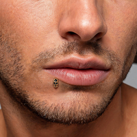Nouveau Piercing Labret en Acier Chirurgical 316L avec Tête de Crâne Gothique en Pierre Noire, à Dos Plat, pour Lèvre, Hélix et Tragus, 16G