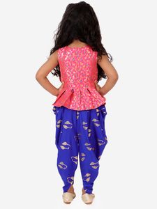 Twisha – Ensemble élégant ethnique pour filles : Haut peplum auto-designé et pantalon dhoti imprimé rose et bleu (6 mois à 14 ans) - Product Image 3
