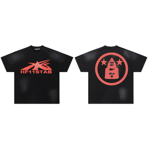 เสื้อยืดคอกลมทรงหลวมพิมพ์ลายสัตว์สไตล์โกธิคสำหรับทุกเพศ ยี่ห้อ Hell ผลิตจากผ้าเจอร์ซีย์ผสมสแปนเด็กซ์/คอตตอน ล้างสีแล้ว แขนสั้น ย้อมสีแบบ Dip Dye ลายดาว - Product Image 4