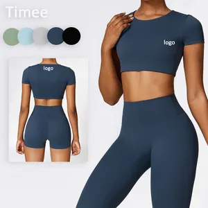 Activewear Fabrikant Hoge Intensiteit Strakke Yoga Korte Mouw Dragen Body Suit Vrouwen Mouw Wollen Fitness Corset Top