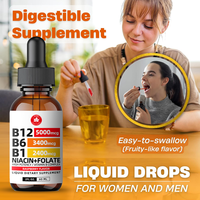 Gouttes de Vitamine B Complexe Liquide 60ml Haute Puissance B12 B6 B1 Niacine Folate Saveur Framboise Supplément Oral pour Adultes