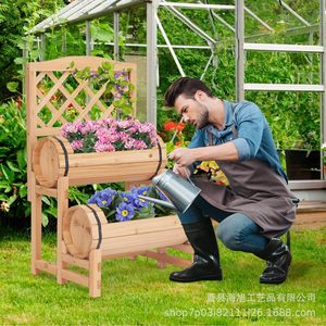 Support à fleurs en bois pour extérieur, double niveau, jardinière, décoration de balcon, porte-plantes, ornement paysager - Product Image 2