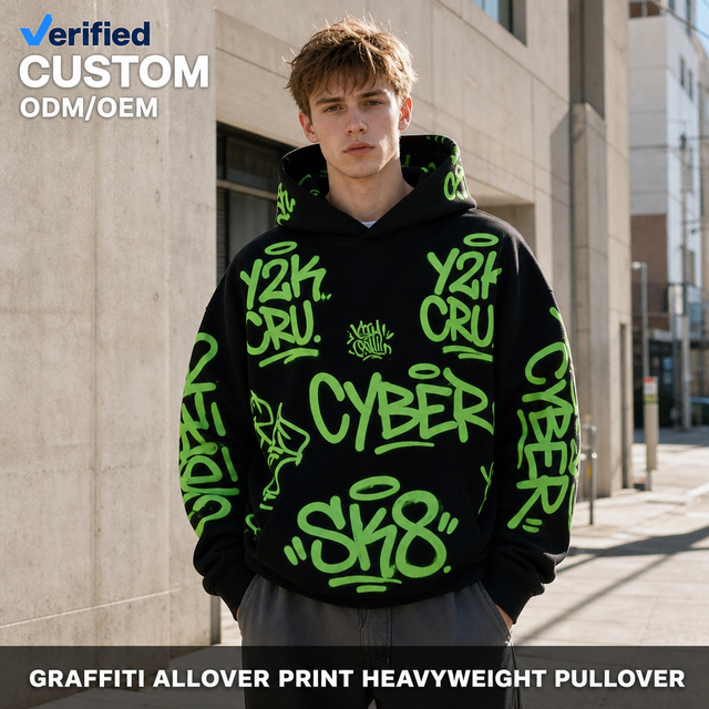 Custom OEM 450gsm Heavyweight 100% Cotton Knitted Sustainable Y2K Graffiti Print Cyberpunk SK8 Oversized Streetwear Pullover