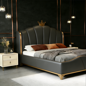 Nouveau <span class=keywords><strong>Lit</strong></span> de Mariage Grand Format 2026 en Cuir Véritable et <span class=keywords><strong>Bois</strong></span> Massif, Style Crème, Luxe Léger Italien, avec Tête de <span class=keywords><strong>Lit</strong></span> Rembourrée pour Chambre Parentale - Product Image 5