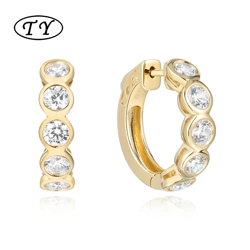 TY Jewelry 925 White Gold Sterling Silver Diamond Round Hoop Mens Earrings 14k Gold Plated Cubic Zirconia Hoop Huggie Earrings
