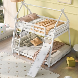 White Wooden House <b>Bunk</b> <b>Bed</b> With <b>Slide</b> And Ladder For Kids Bedroom Furniture - Product Image 1