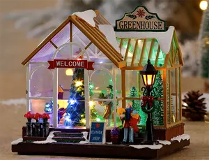 Christmas Decoration Supplies Led Music Plastic Christmas Green House Decoration Christmas Village With Rotating Tree