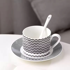 Black White Hepburn Style Porcelain Coffee Tea <b>Cup</b> Saucer Set Handle 200ml Capacity Includes Spoon Dishwasher Microwave Safe - Product Image 6