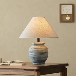 Handcrafted Rustic with Fabric Shade Vintage Textured Pottery Desk Lamp for Living Room Bedroom Hotel Decor <strong>Table</strong> Lamp - Product Image 5