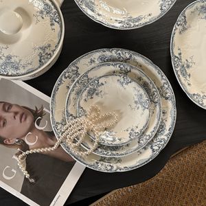 Ensemble de vaisselle en céramique bleu blanc fleur fantaisie assiettes à dîner en porcelaine Vintage plats à Dessert bols à soupe tasses soucoupes ensembles - Product Image 3
