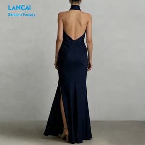 Fabricantes de Ropa, Vestido Largo Halter de Satén con Espalda Descubierta y Cuello Alto para Mujer, Etiqueta Privada Personalizada, Sexy y Elegante - Product Image 3