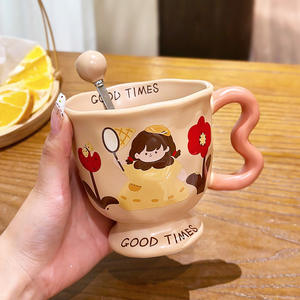Mug en céramique avec couvercle et cuillère, motif dessin animé, pour femmes, usage domestique et bureau, collection Printemps 2025, HY-009 - Product Image 4