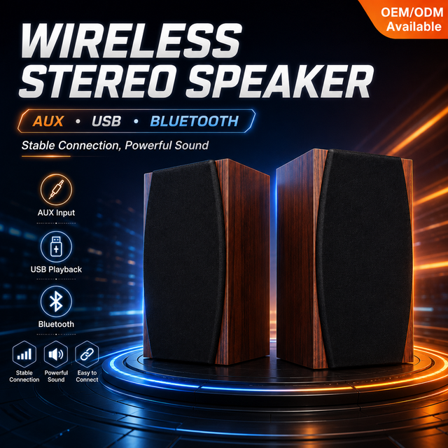 OEM Quality Wood Cabinet 2.0 Multimedia AC Powered Desktop Blue Tooth Active Bookshelf Speaker