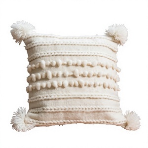 Bohemian Knitted Cotton <b>Throw</b> <b>Pillow</b> Square Cream with Pom Poms Non-Toxic Zipper Closure Customizable Hand Washable - Product Image 1