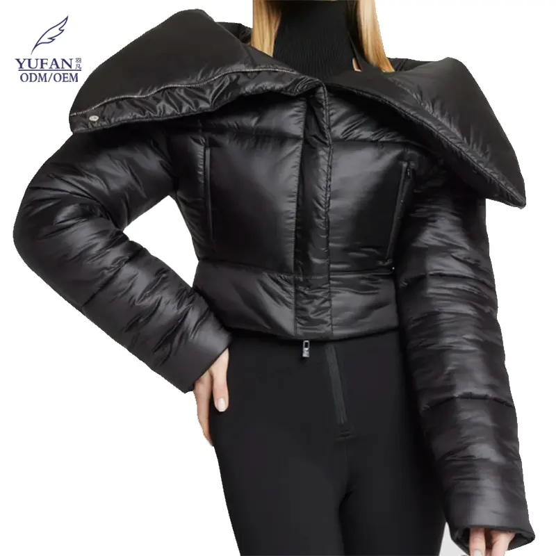 YuFan jaket hitam kerah desain baru mantel bulu angsa bebek untuk wanita Parka wanita pendek mengkilap kustom