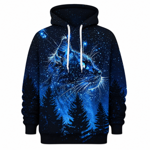 Sweat à capuche décontracté pour homme Cosmic Cat Art, imprimé 3D champ étoilé et silhouette de forêt, coupe régulière, style automne - Product Image 4