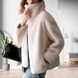 Nouvelle conception Manteau en fourrure pour femme, col montant, couleur unie, épais, décontracté, hiver, tendance - Product Image 4