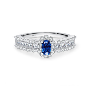 2026 Trending S925 Sterling <b>Silver</b> Halo Oval Blue Gemstone Paved Band <b>Ring</b> Elegant Jewelry Gift For Women Daily Wear - Product Image 1