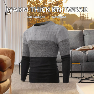 Pull en laine/nylon pour homme, motif 3D tricoté, col rond, anti-plis, manches longues, coupe classique, avec logo frontal, idéal pour l'hiver - Product Image 2