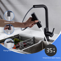 Robinet de cuisine moderne noir intelligent avec affichage numérique de la température, poignée unique extractible, pivotant à 360°, 3 modes de jet d'eau : pluie et cascade