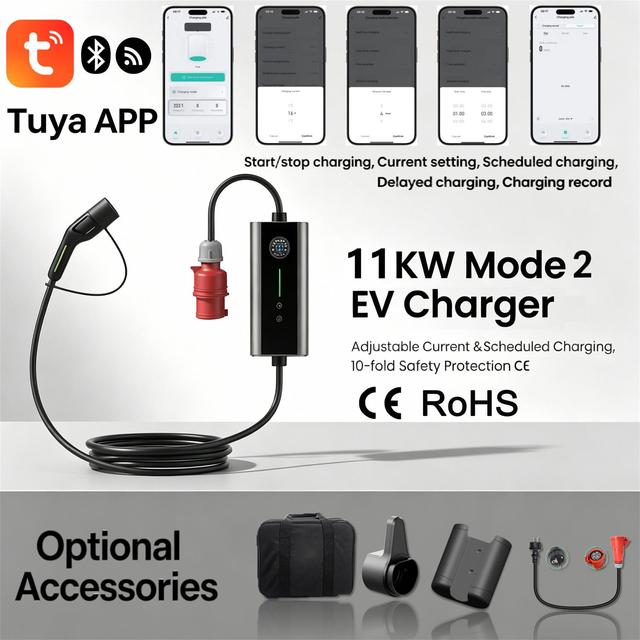 Home Three Phase Mobile 6A 8A 10A 13A 16A Portable Charger For Ev Car 11Kw
